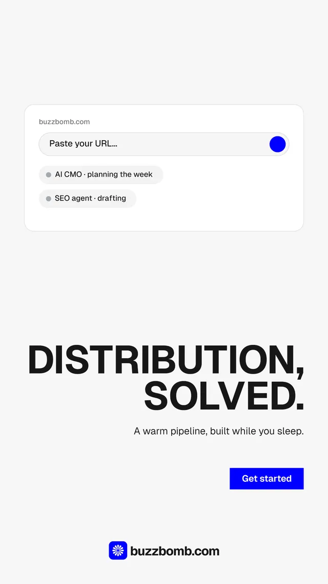 Instagram story for BuzzBomb: "Distribution, solved." Swiss style, right layout, light palette in white, grey.