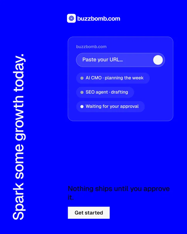 Instagram portrait post for BuzzBomb: "Spark some growth today." Split block style, vertical layout, dark palette in blue.
