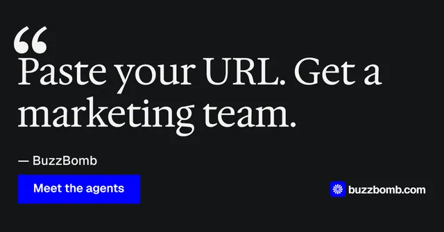 Social ad for BuzzBomb: "Nothing ships unapproved." Swiss style, quote layout, dark palette in black, grey.