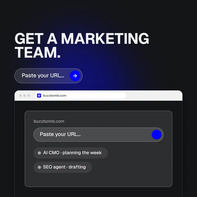 Instagram post for BuzzBomb: "Get a marketing team." Agentic glass style, browser layout, dark palette in black, blue, grey.