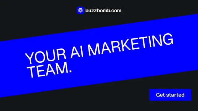 Landscape graphic for BuzzBomb: "Your AI marketing team." Brutalist style, diagonal layout, dark palette in blue, black.