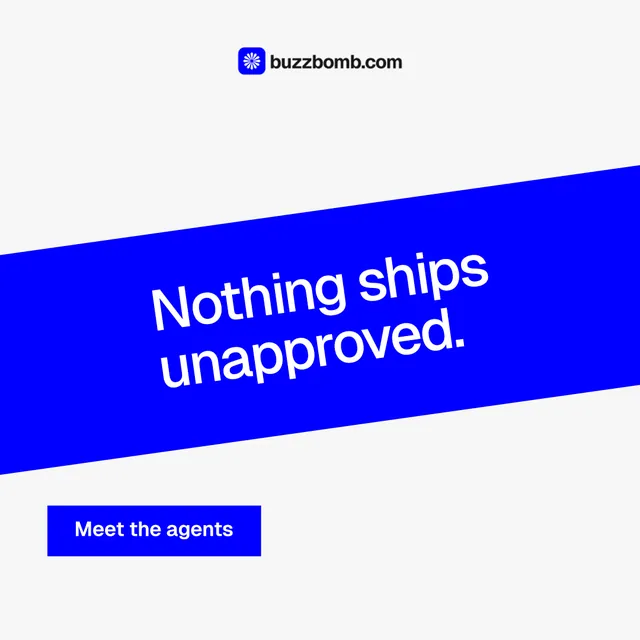Instagram post for BuzzBomb: "Nothing ships unapproved." Swiss style, diagonal layout, light palette in white, blue.