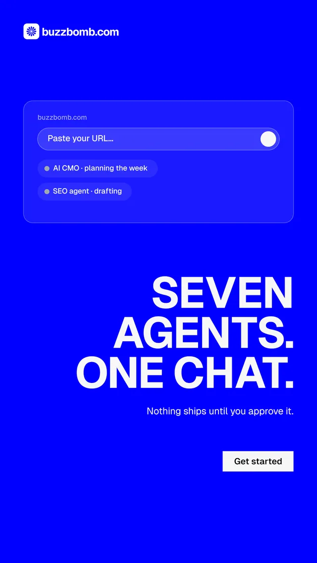 Instagram story for BuzzBomb: "Seven agents. One chat." Swiss style, right layout, dark palette in blue.