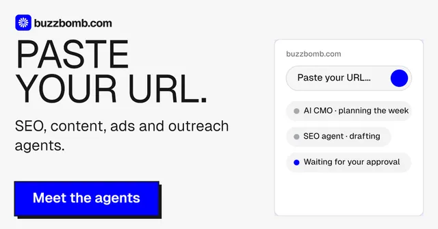 Social ad for BuzzBomb: "Paste your URL." Brutalist style, skeleton layout, light palette in white, blue.