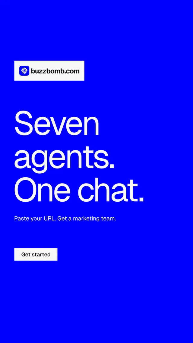 Instagram story for BuzzBomb: "Seven agents. One chat." Split block style, announce layout, dark palette in blue.