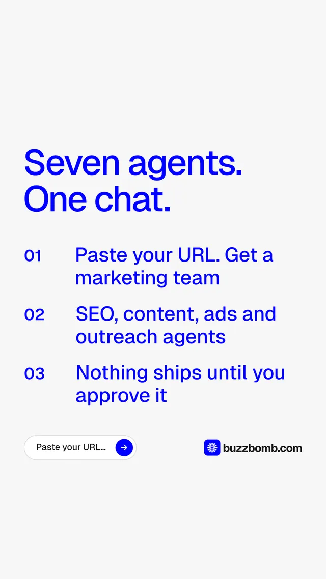 Instagram story for BuzzBomb: "Seven agents. One chat." Agentic glass style, numbered layout, light palette in white, blue.