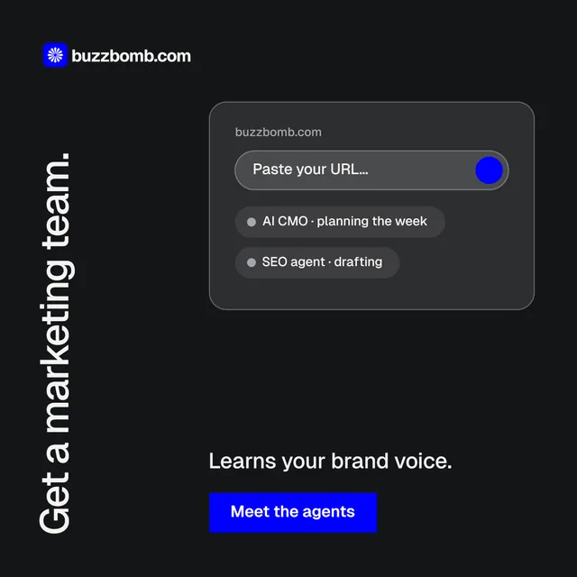 Instagram post for BuzzBomb: "Get a marketing team." Swiss style, vertical layout, dark palette in black.