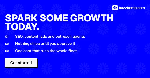 Social ad for BuzzBomb: "Spark some growth today." Brutalist style, numbered layout, dark palette in blue.