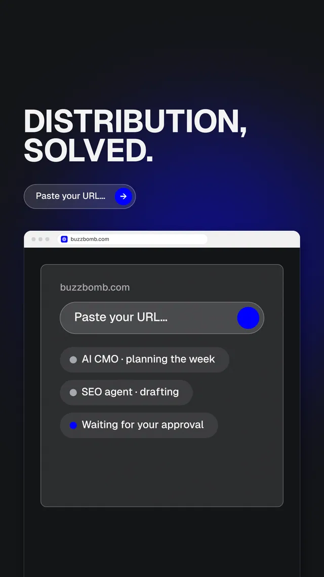 Instagram story for BuzzBomb: "Distribution, solved." Agentic glass style, browser layout, dark palette in black, blue, grey.