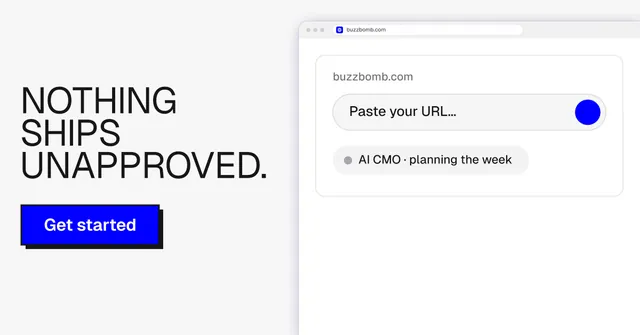 Social ad for BuzzBomb: "Nothing ships unapproved." Brutalist style, browser layout, light palette in white, blue.