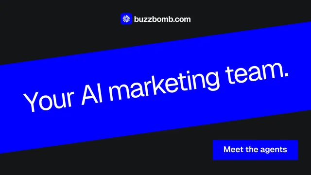 Landscape graphic for BuzzBomb: "Your AI marketing team." Split block style, diagonal layout, dark palette in black, blue.