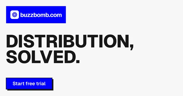 Social ad for BuzzBomb: "Distribution, solved." Brutalist style, announce layout, light palette in white, blue, grey.