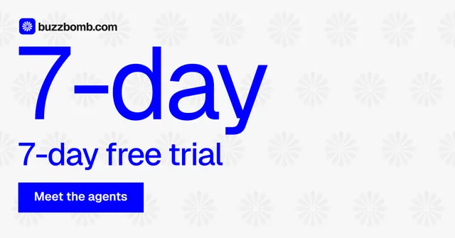 Social ad for BuzzBomb: "Distribution, solved." Swiss style, stat layout, light palette in white, blue.