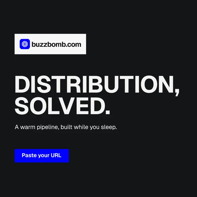 Instagram post for BuzzBomb: "Distribution, solved." Swiss style, announce layout, dark palette in black, grey.