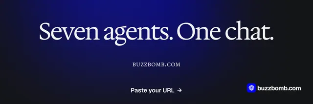 X header for BuzzBomb: "Seven agents. One chat." Agentic glass style, smallcaps layout, dark palette in black, blue, grey.