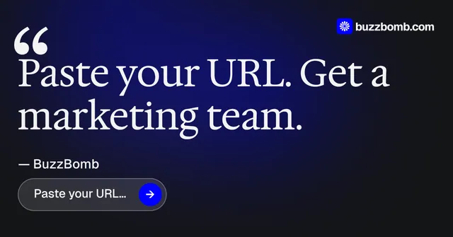 Social ad for BuzzBomb: "Your AI marketing team." Agentic glass style, quote layout, dark palette in blue, black, grey.