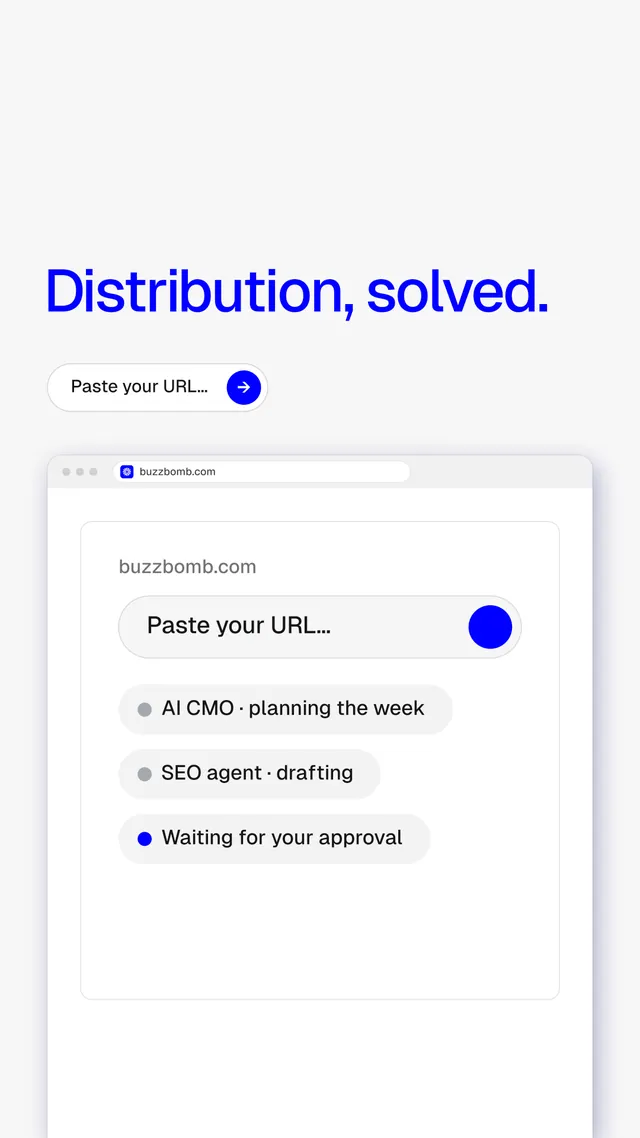 Instagram story for BuzzBomb: "Distribution, solved." Agentic glass style, browser layout, light palette in white, blue.
