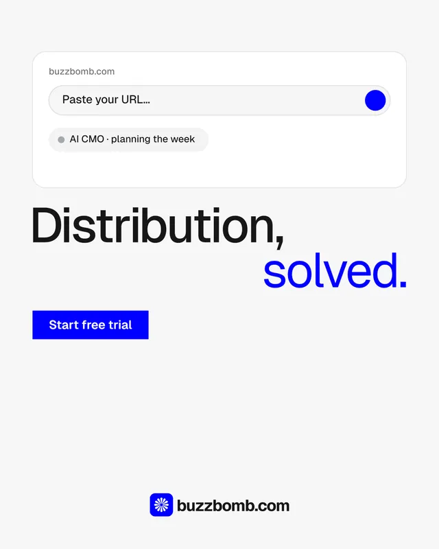 Instagram portrait post for BuzzBomb: "Distribution, solved." Swiss style, stacked layout, light palette in white, blue.