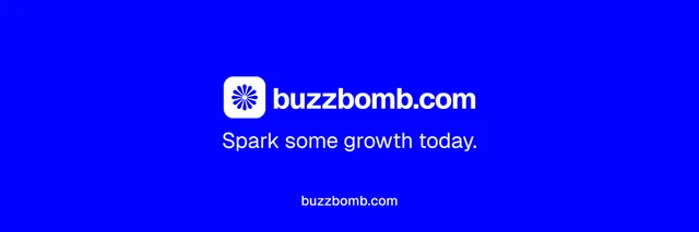 X header for BuzzBomb: "Spark some growth today." Brutalist style, end card layout, dark palette in blue.