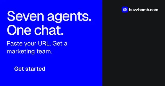 Social ad for BuzzBomb: "Seven agents. One chat." Split block style, skeleton layout, dark palette in blue, black.