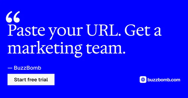 Social ad for BuzzBomb: "One launch. A week of posts." Split block style, quote layout, dark palette in blue.