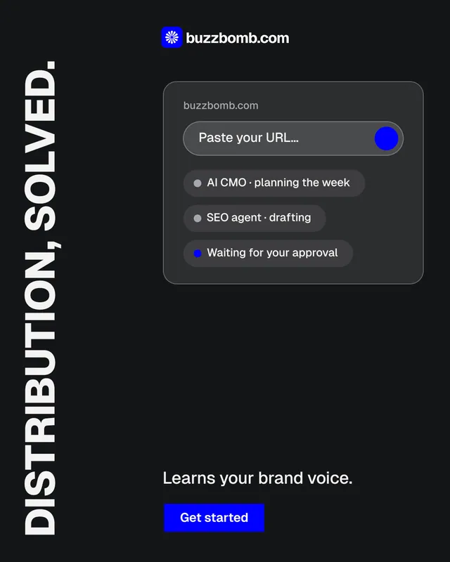 Instagram portrait post for BuzzBomb: "Distribution, solved." Brutalist style, vertical layout, dark palette in black, grey.