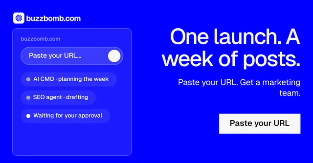 Social ad for BuzzBomb: "One launch. A week of posts." Swiss style, right layout, dark palette in blue.