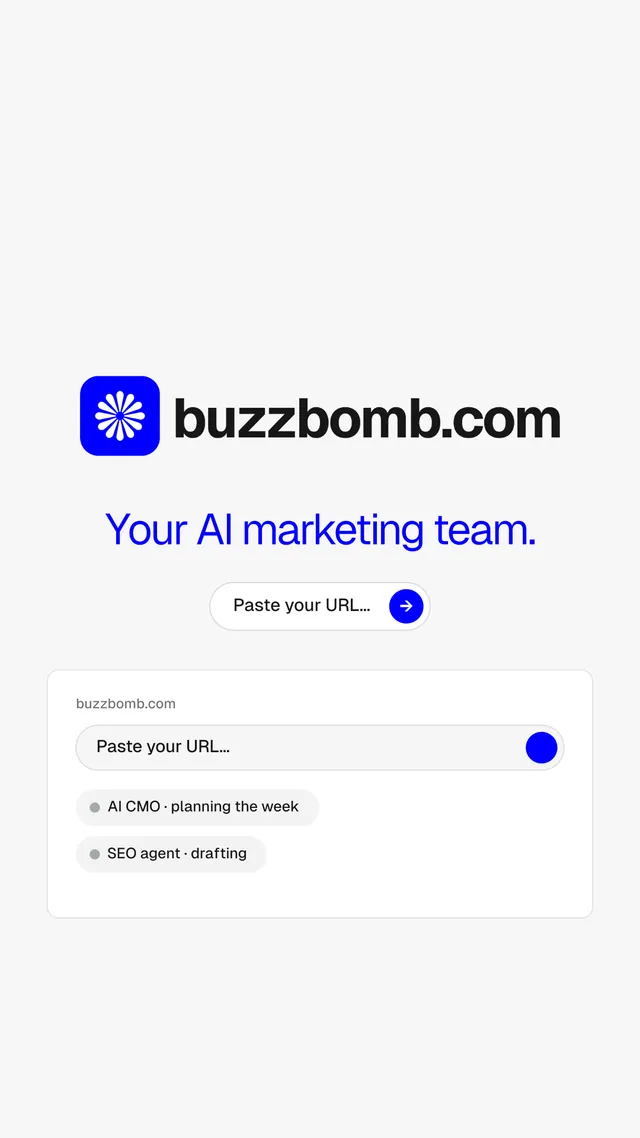 Instagram story for BuzzBomb: "Your AI marketing team." Agentic glass style, logo hero layout, light palette in white, blue.