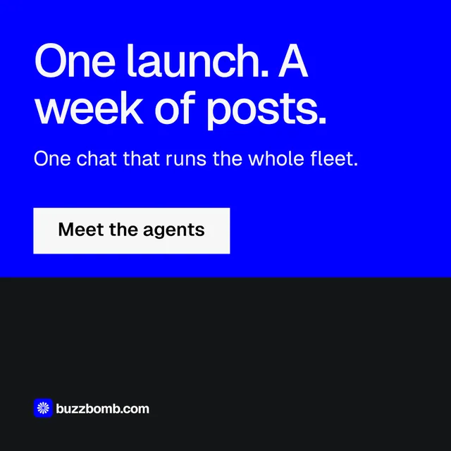 Instagram post for BuzzBomb: "One launch. A week of posts." Split block style, skeleton layout, dark palette in blue, black.