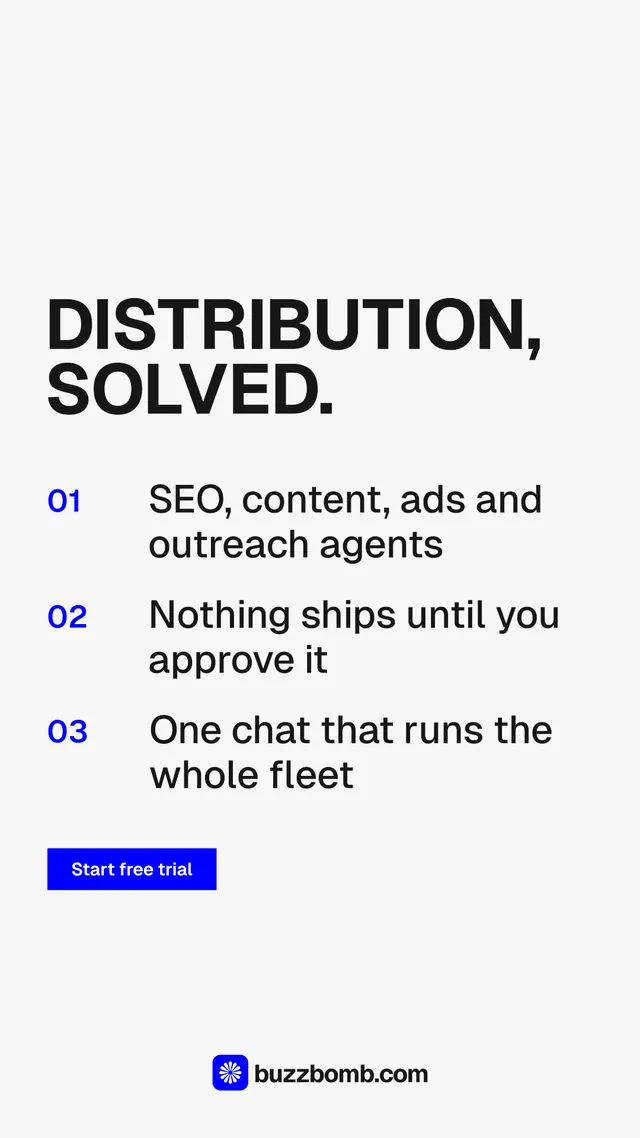 Instagram story for BuzzBomb: "Distribution, solved." Swiss style, numbered layout, light palette in white, grey.