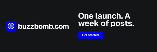 X header for BuzzBomb: "One launch. A week of posts." Split block style, logo hero layout, dark palette in black, grey.