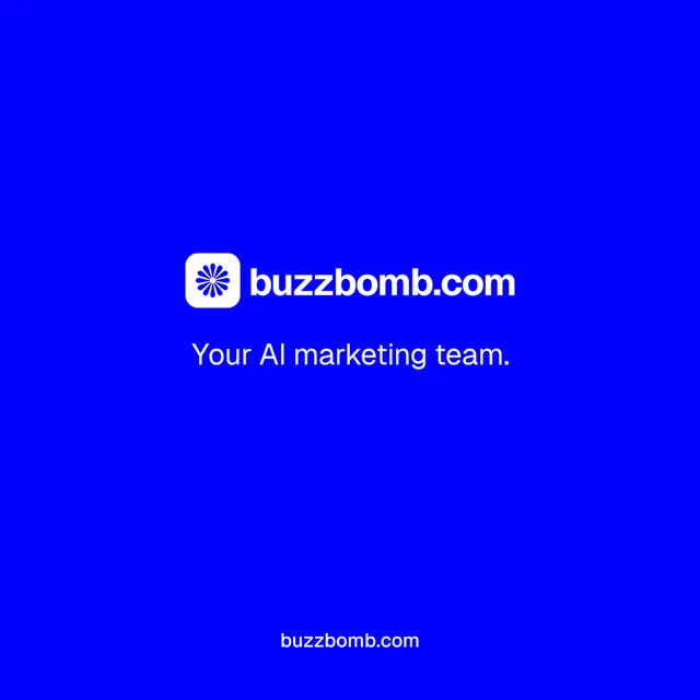 Instagram post for BuzzBomb: "Your AI marketing team." Swiss style, end card layout, dark palette in blue.