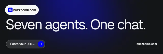 X header for BuzzBomb: "Seven agents. One chat." Agentic glass style, poster layout, dark palette in black, blue, grey.