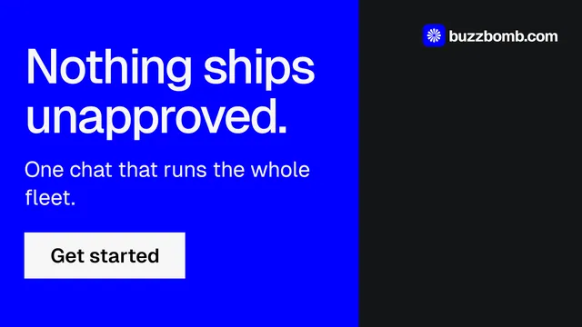 Landscape graphic for BuzzBomb: "Nothing ships unapproved." Split block style, skeleton layout, dark palette in blue, black.