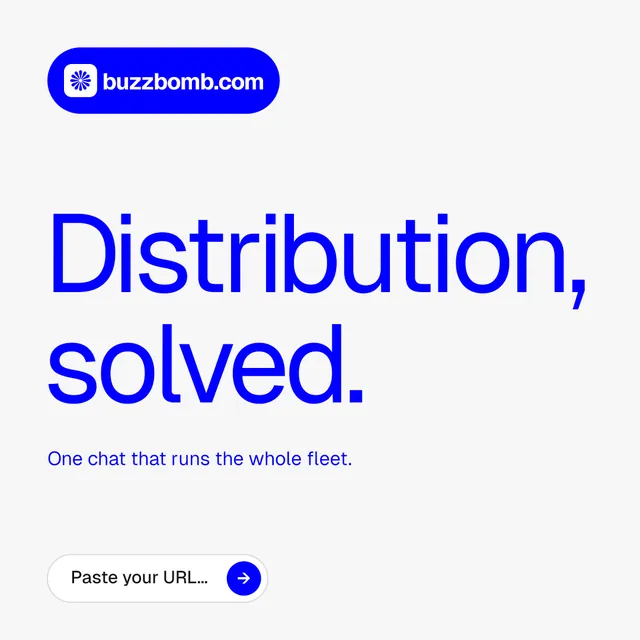Instagram post for BuzzBomb: "Distribution, solved." Agentic glass style, announce layout, light palette in white, blue.
