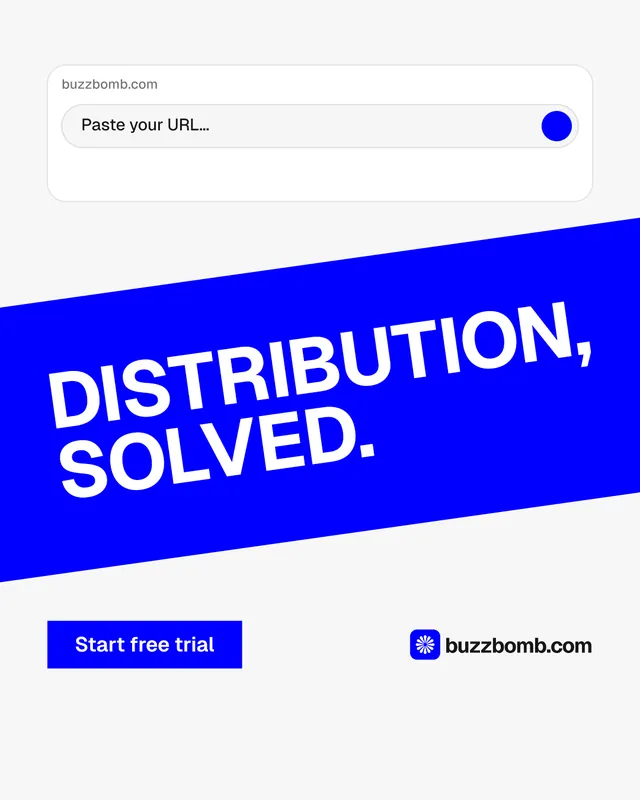 Instagram portrait post for BuzzBomb: "Distribution, solved." Swiss style, diagonal layout, light palette in white, blue.