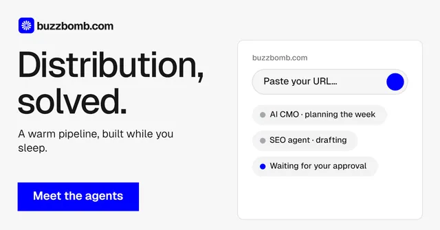 Social ad for BuzzBomb: "Distribution, solved." Swiss style, bottom layout, light palette in white, blue.