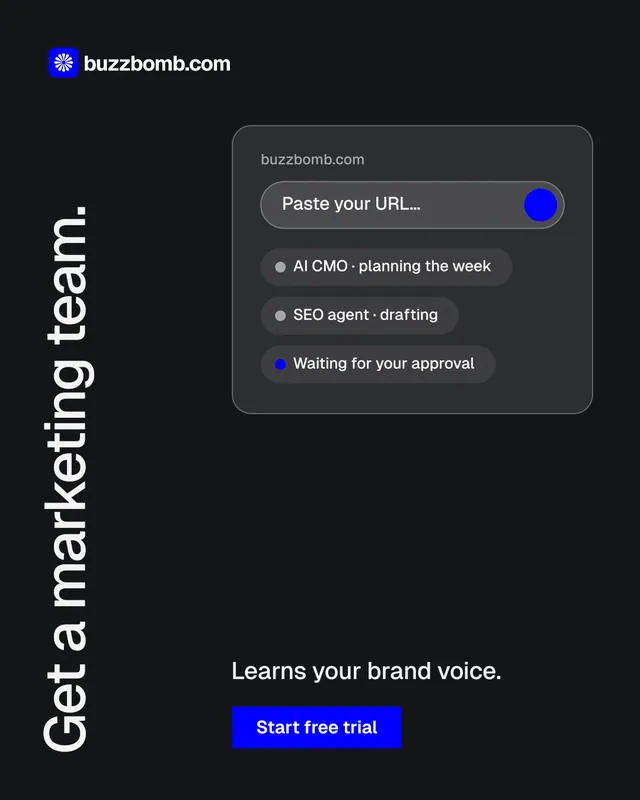 Instagram portrait post for BuzzBomb: "Get a marketing team." Split block style, vertical layout, dark palette in black, grey, blue.
