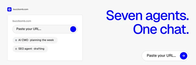 X header for BuzzBomb: "Seven agents. One chat." Agentic glass style, right layout, light palette in white, blue.