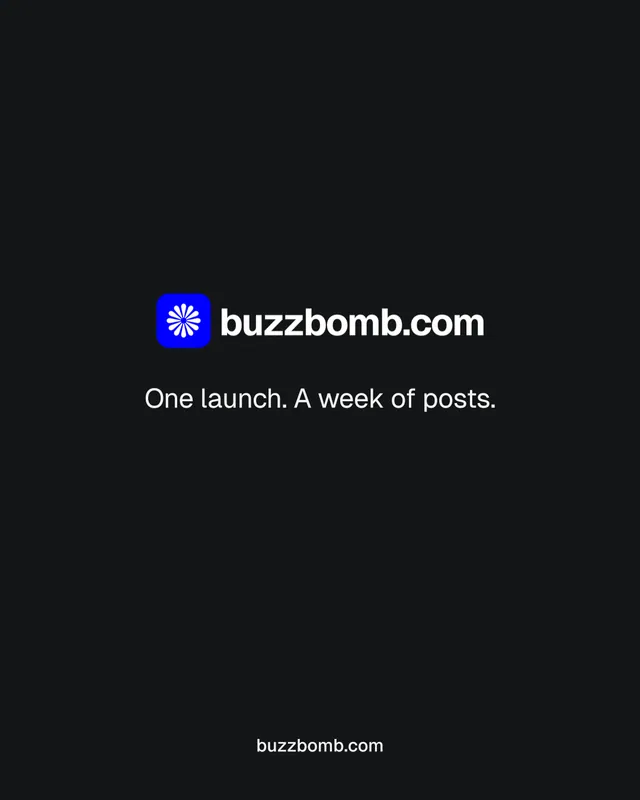 Instagram portrait post for BuzzBomb: "One launch. A week of posts." Agentic glass style, end card layout, dark palette in black.
