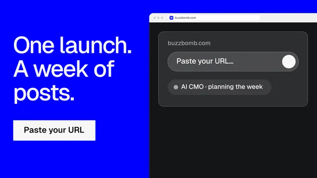 Landscape graphic for BuzzBomb: "One launch. A week of posts." Split block style, browser layout, dark palette in black, blue, grey.