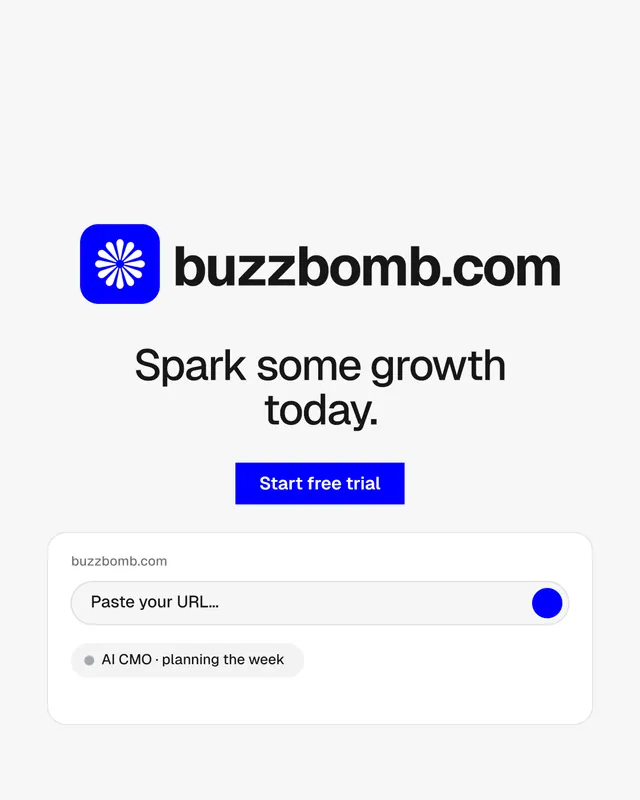 Instagram portrait post for BuzzBomb: "Spark some growth today." Swiss style, logo hero layout, light palette in white, blue.