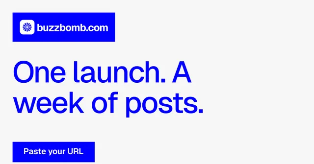 Social ad for BuzzBomb: "One launch. A week of posts." Swiss style, announce layout, light palette in white, blue.