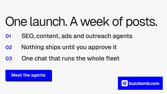 Landscape graphic for BuzzBomb: "One launch. A week of posts." Brutalist style, numbered layout, light palette in white, grey, blue.