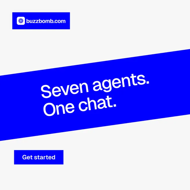 Instagram post for BuzzBomb: "Seven agents. One chat." Swiss style, diagonal layout, light palette in white, blue.