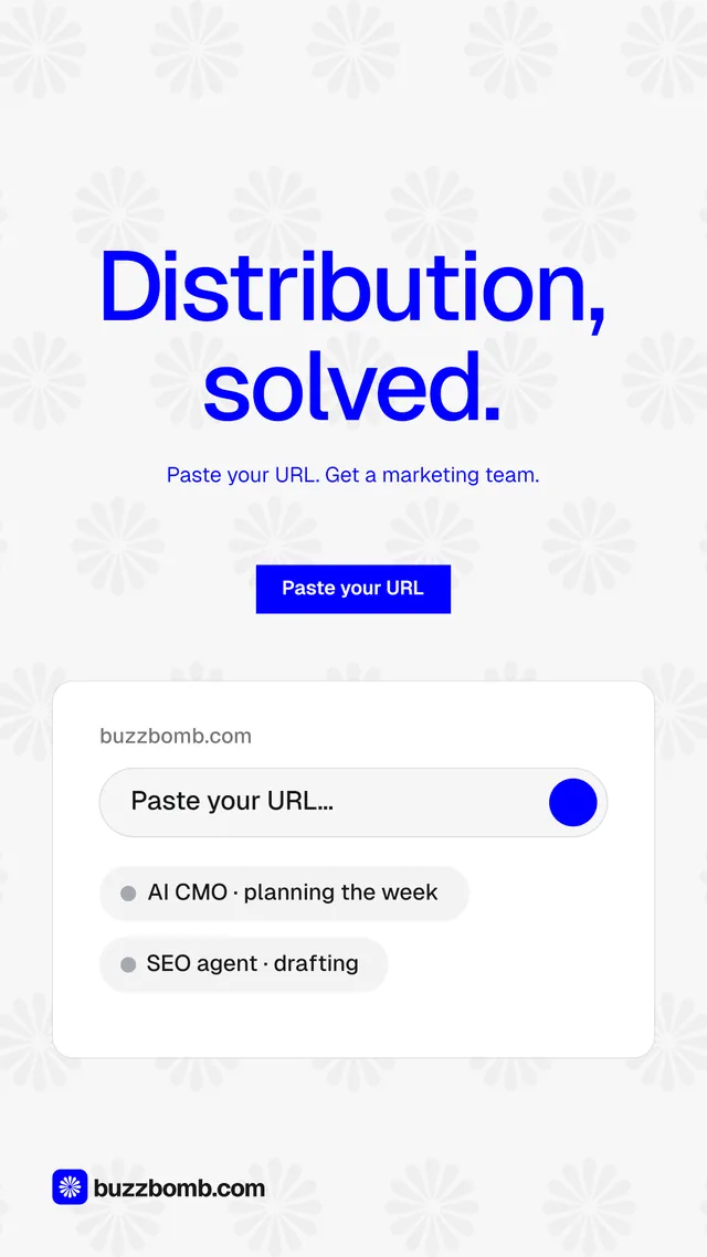 Instagram story for BuzzBomb: "Distribution, solved." Swiss style, centred layout, light palette in white, blue.