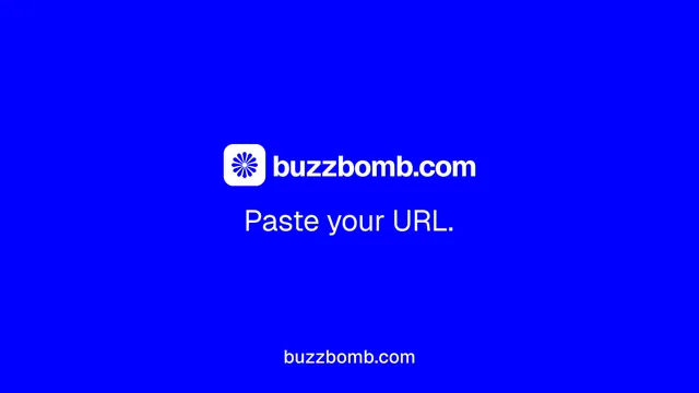 Landscape graphic for BuzzBomb: "Paste your URL." Split block style, end card layout, dark palette in blue.