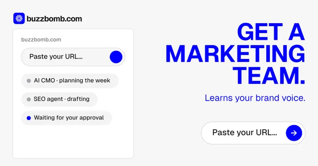 Social ad for BuzzBomb: "Get a marketing team." Agentic glass style, right layout, light palette in white, blue.