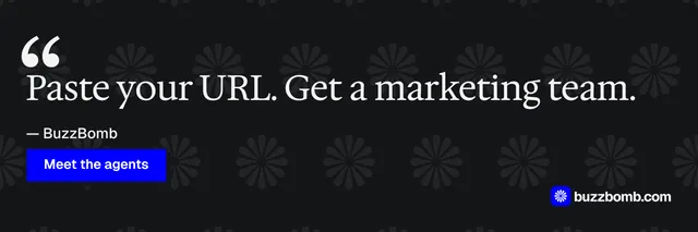 X header for BuzzBomb: "Spark some growth today." Brutalist style, quote layout, dark palette in black.