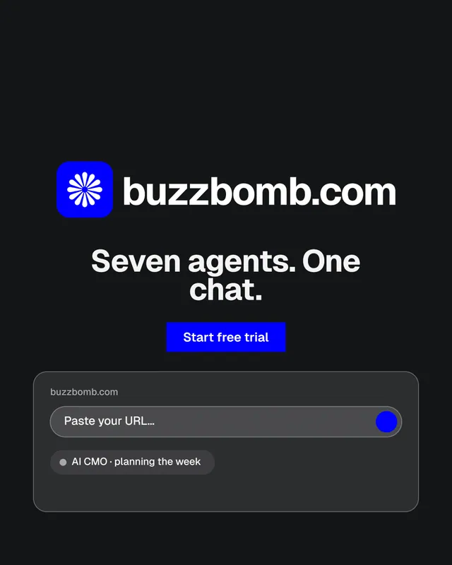 Instagram portrait post for BuzzBomb: "Seven agents. One chat." Split block style, logo hero layout, dark palette in black, grey.